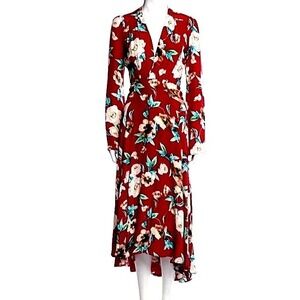 Stone Cold Fox Silk Wrap Dress Womens Small Red Floral Long Sleeve Maxi Gown
